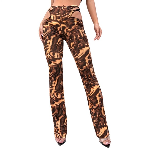 Burning Man Marble Mid Waist Cut Out Sides Flare Pants - Picture 3 of 7